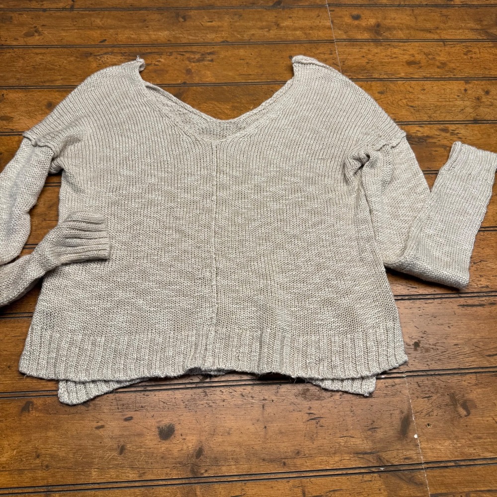 Womens Beige Knit V Neck Sweater‎ Long Sleeve Casual Cozy Size S